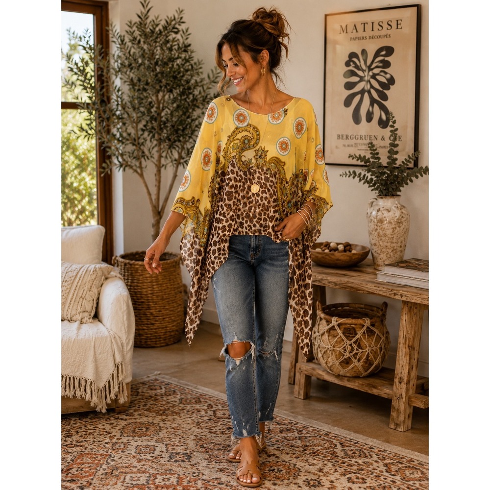 Charlotte Daniel Leopard Paisley Poncho Top Sheer Yellow Boho One Size